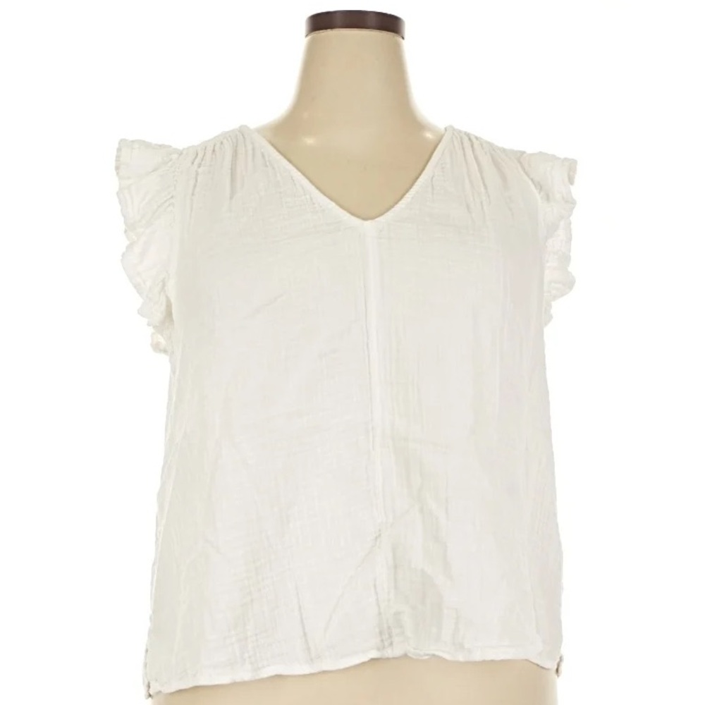 White Crinkle Gauze V-Neck Ruffle Sleeve Women's Top | Size Extra Large - Picture 3 of 6